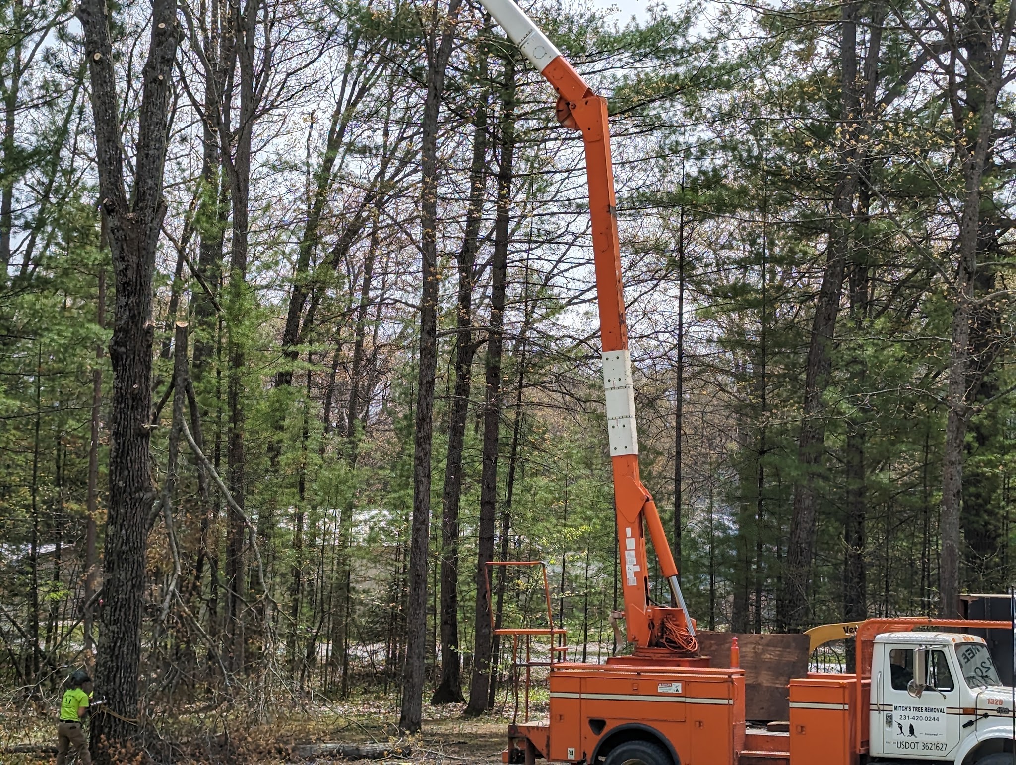 Bucket truck with (231) 420-0244 on the door